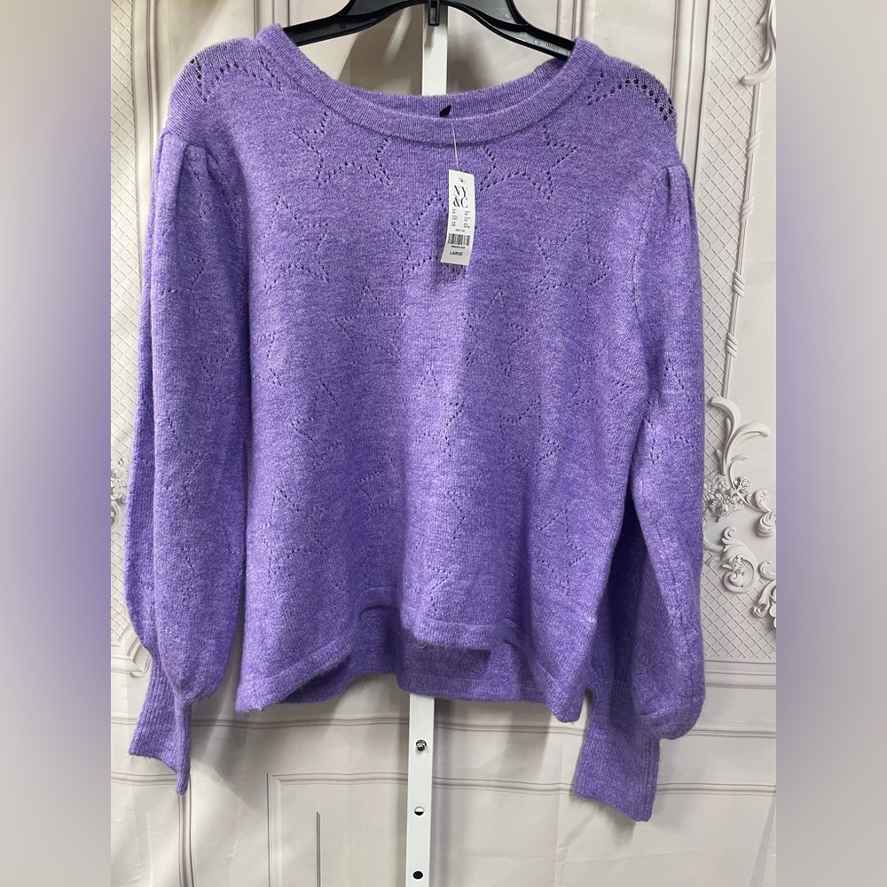 New York & Company Lavender Crew Neck New Puff Sleeves Star Size L Sweater